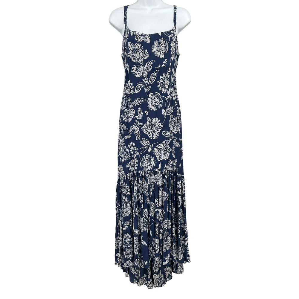 Madewell Maxi Dress Women 12 Blue Floral Open Back Boho Tiered Boho NEW